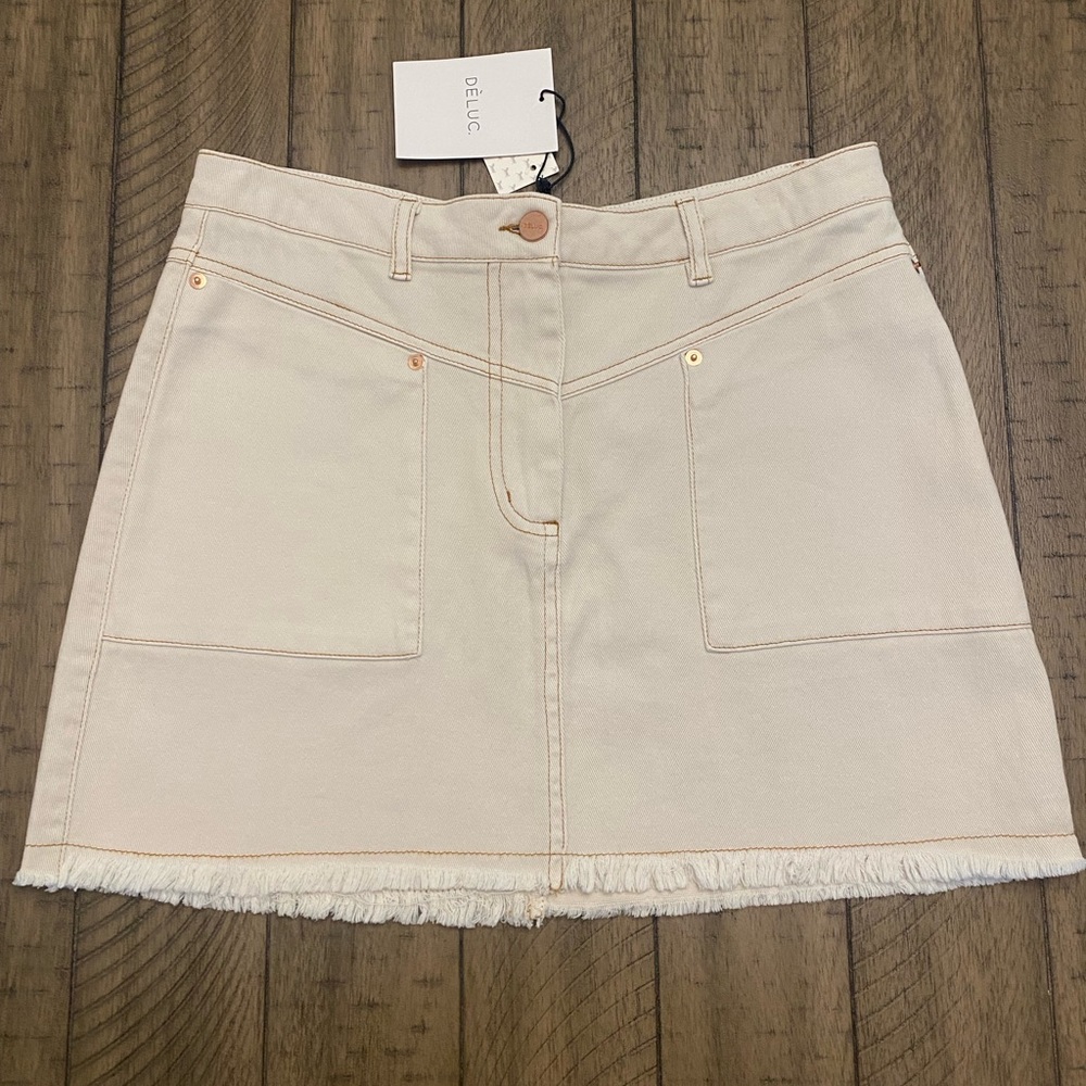 DELUC Raw hem ivory stretch denim skirt M NWT